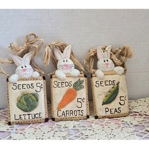 Easter Bunny Seed Packet Ornaments Hanging Set‎ 3 Raffia Bow Resin Rustic
